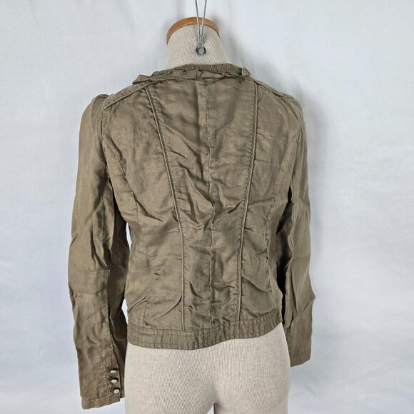 Hei Hei Anthropologie Jacket Women's 2 Olive Ruffles Zip Up Crop Pearl Buttons - Picture 6 of 10